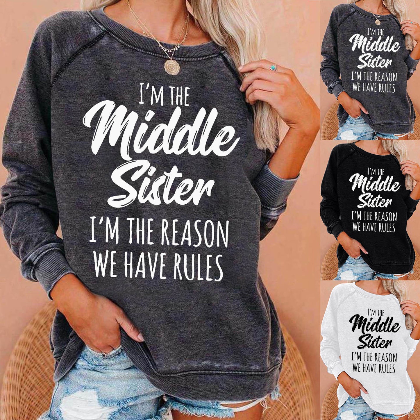 I'm The Middle Sister Printed Round Neck Sweater For Women