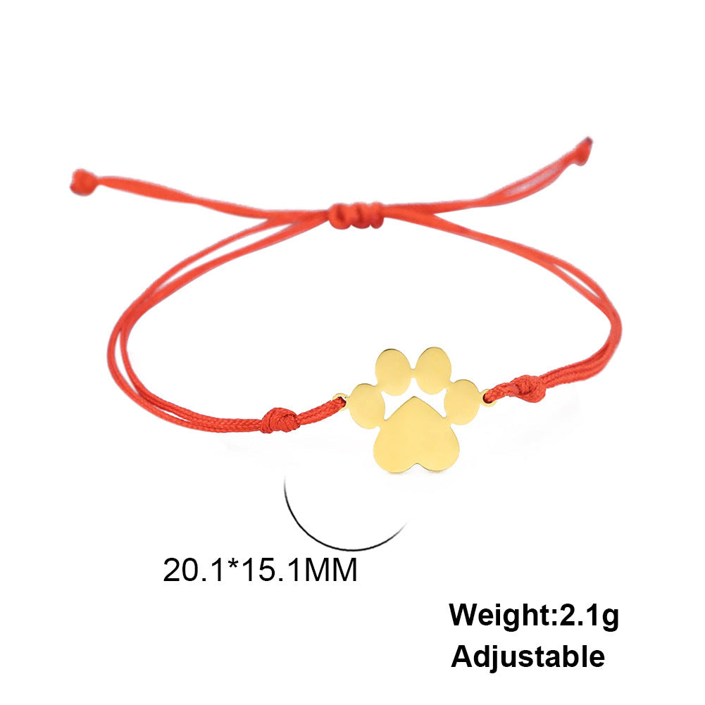 Cute And Graceful Sister Style Titanium Steel Cut Double Hole Solid Paw Print Pendant Adjustable Wax Rope Bracelet
