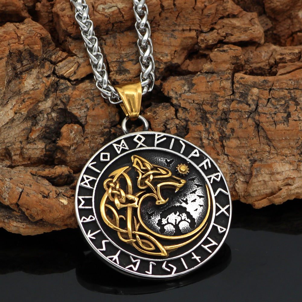 Mens Fashion Viking Wolf Head Rune Pendant Necklace