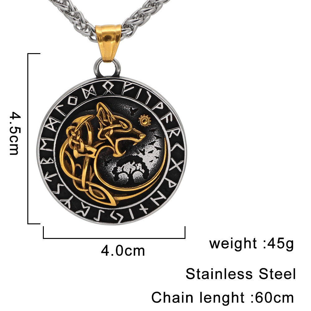Mens Fashion Viking Wolf Head Rune Pendant Necklace