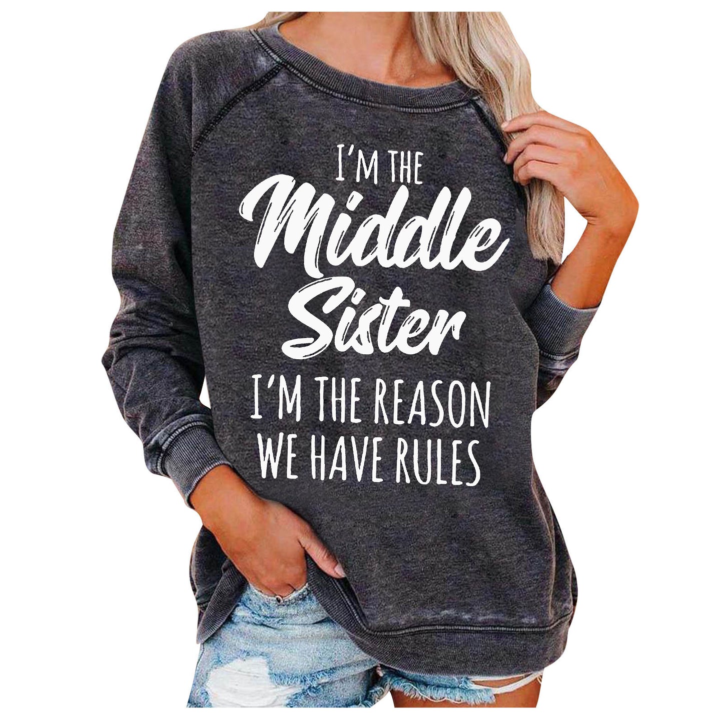 I'm The Middle Sister Printed Round Neck Sweater For Women