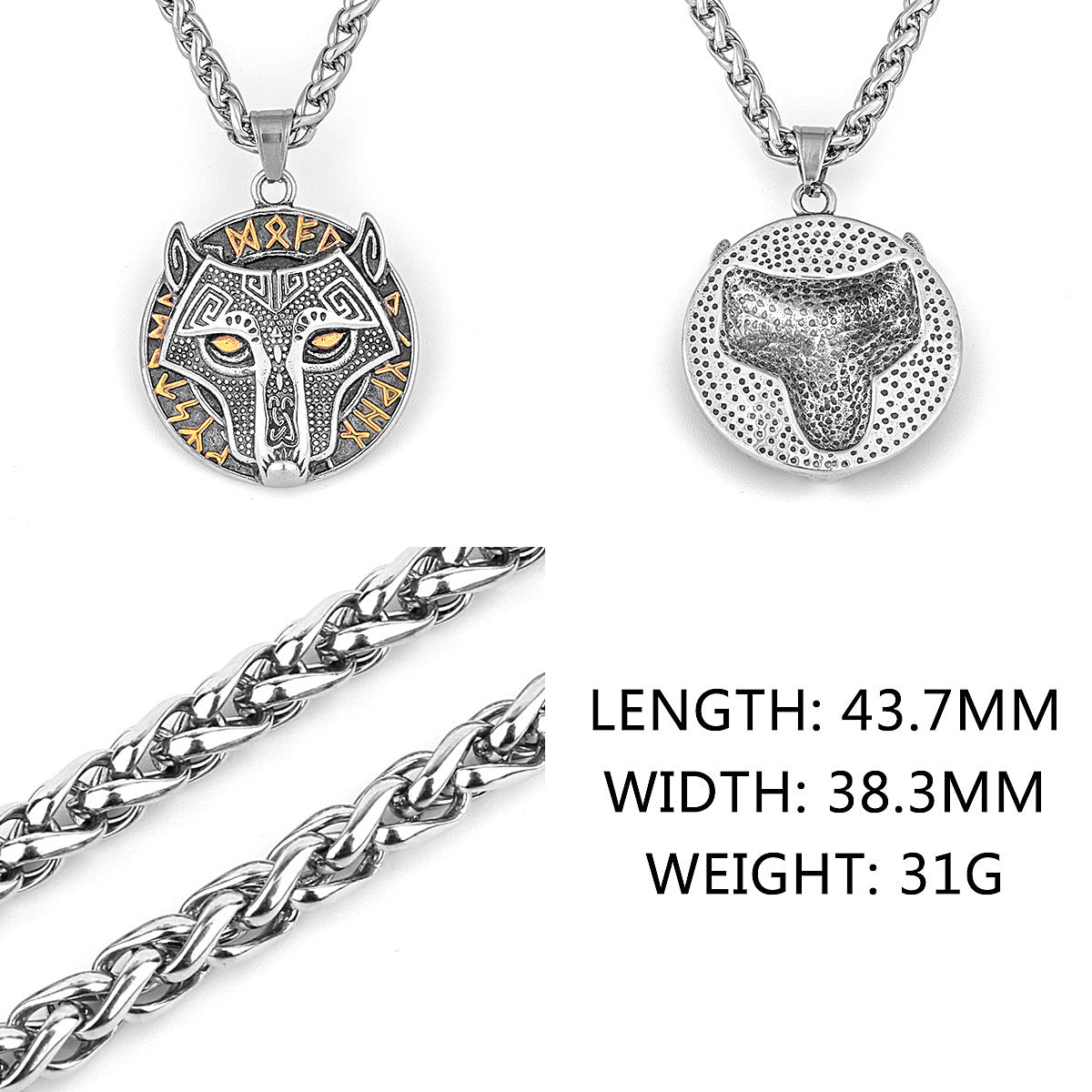 Viking Golden Wolf Head Aoding Rune Titanium Steel Pendant For Men