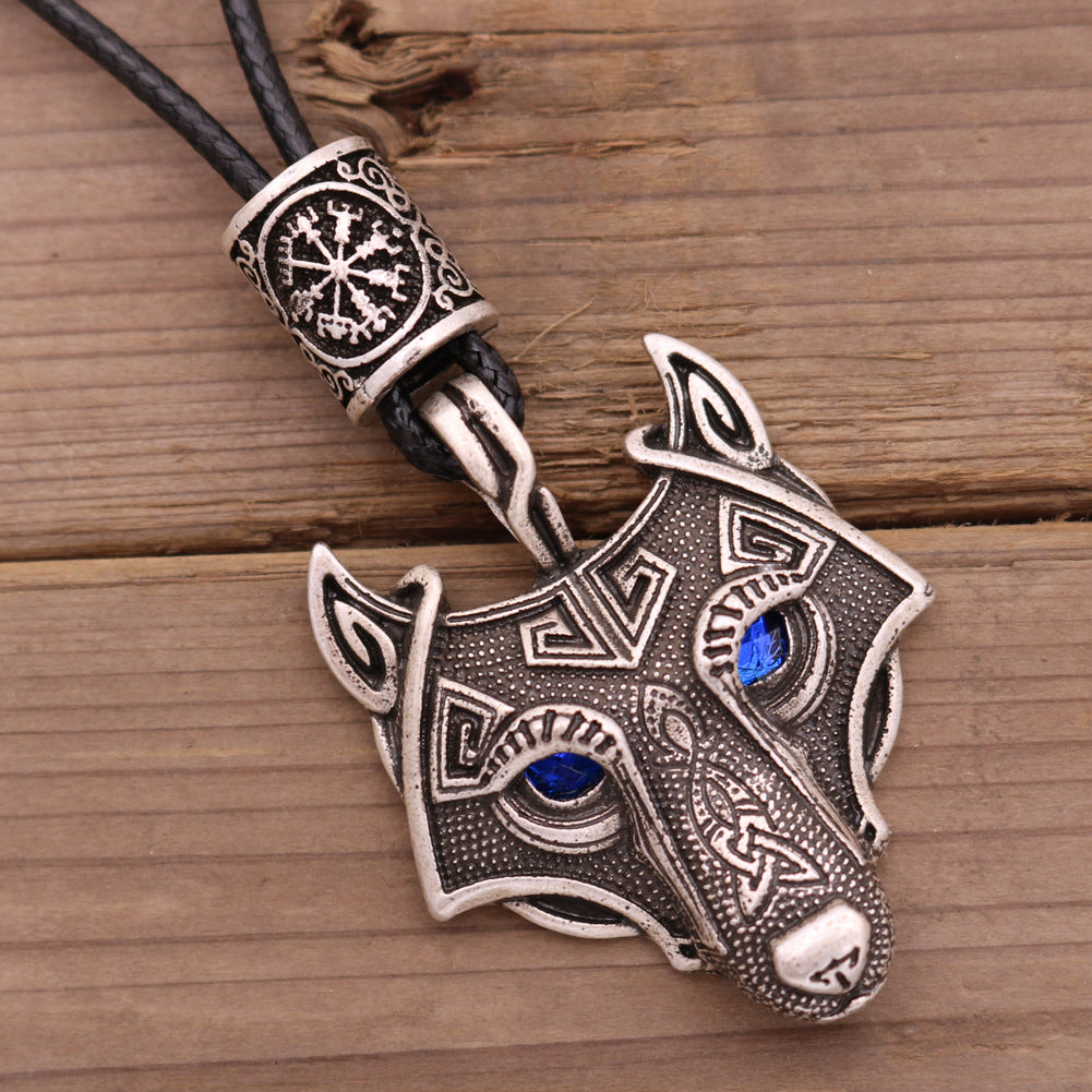 Viking Wolf Head Blue Eye Necklace With Celtic Knot Rune