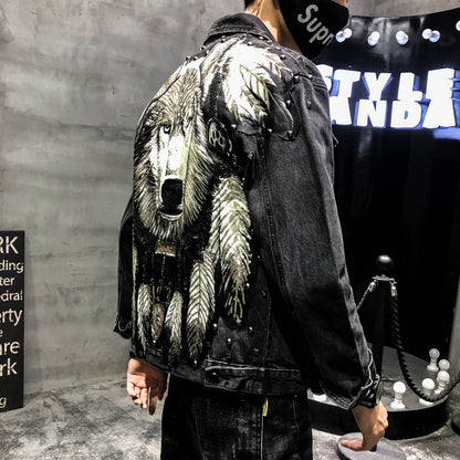 Boy Jeans Jacket Wolf Dog Embroidery Handsome Guy Slim Men's Jacket
