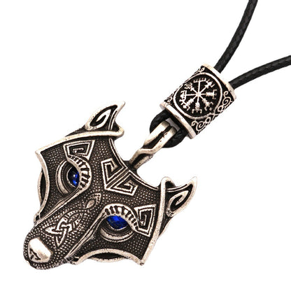 Viking Wolf Head Blue Eye Necklace With Celtic Knot Rune
