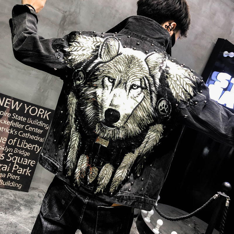 Boy Jeans Jacket Wolf Dog Embroidery Handsome Guy Slim Men's Jacket