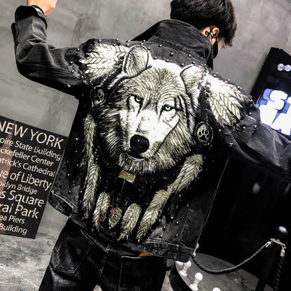 Boy Jeans Jacket Wolf Dog Embroidery Handsome Guy Slim Men's Jacket