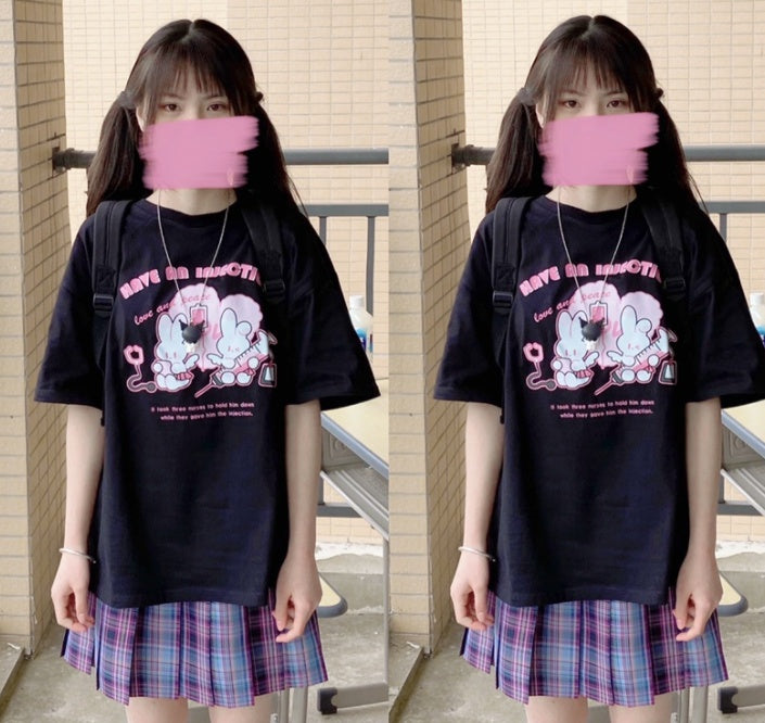 Injecting Rabbit Cute Soft Sister Print T-Shirt Women