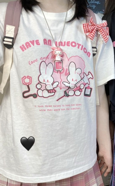 Injecting Rabbit Cute Soft Sister Print T-Shirt Women