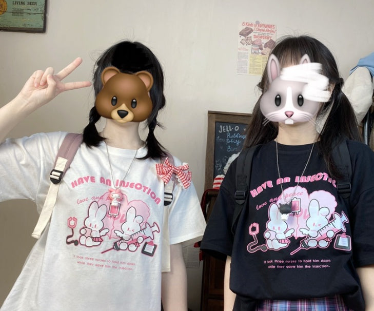 Injecting Rabbit Cute Soft Sister Print T-Shirt Women