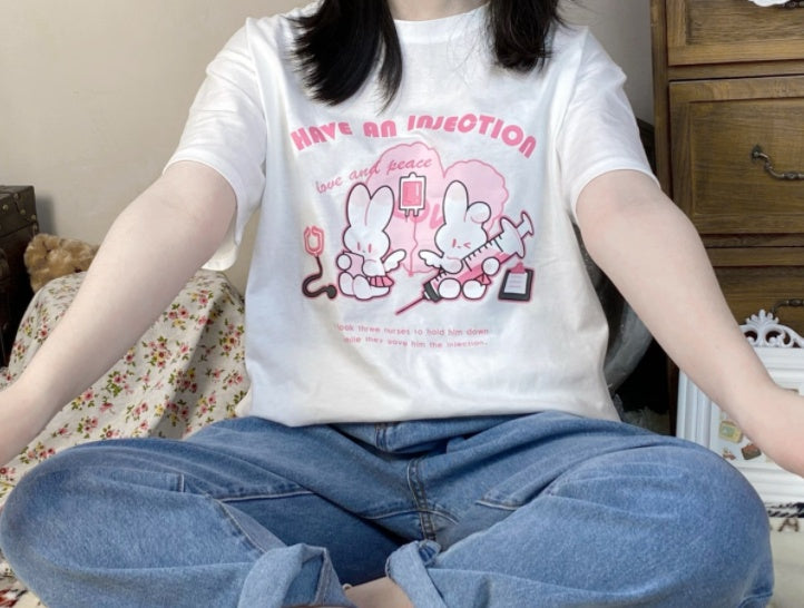 Injecting Rabbit Cute Soft Sister Print T-Shirt Women