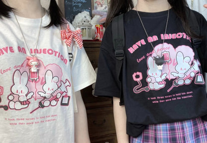 Injecting Rabbit Cute Soft Sister Print T-Shirt Women