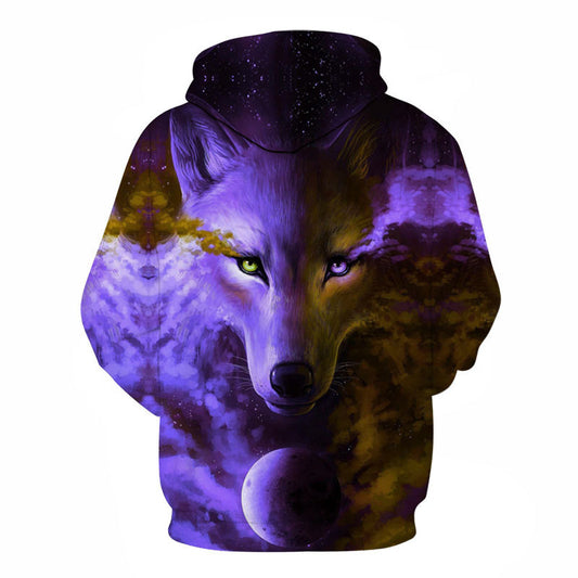 Purple Series Wolf 3D Digital Printing Wolf Hooded Casual Sweater