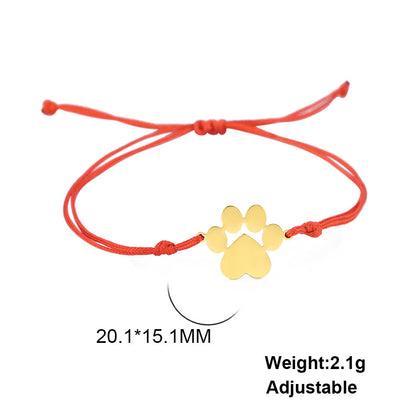 Cute And Graceful Sister Style Titanium Steel Cut Double Hole Solid Paw Print Pendant Adjustable Wax Rope Bracelet
