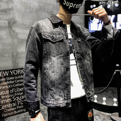 Boy Jeans Jacket Wolf Dog Embroidery Handsome Guy Slim Men's Jacket