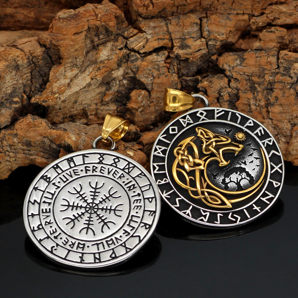 Mens Fashion Viking Wolf Head Rune Pendant Necklace