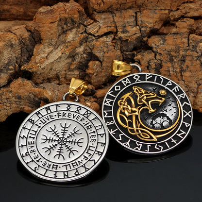 Mens Fashion Viking Wolf Head Rune Pendant Necklace