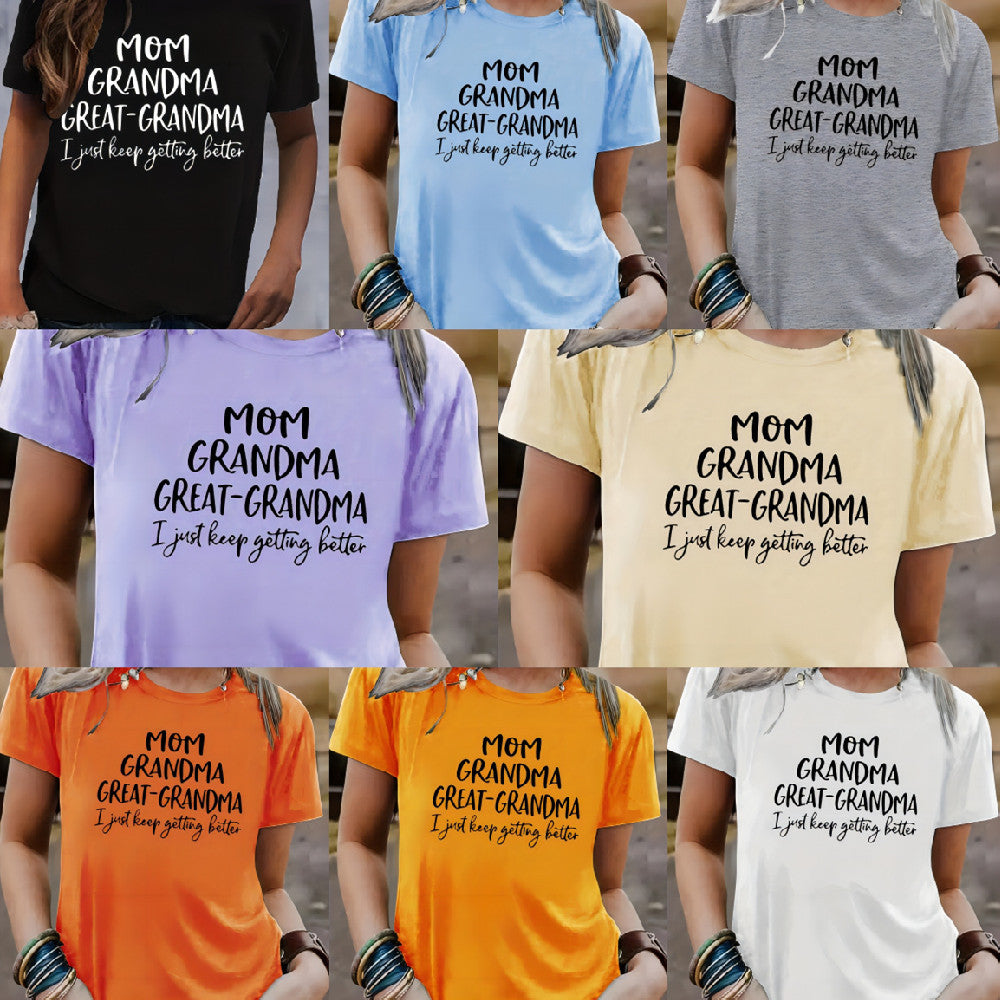Mom Grandma Letter Printed T-shirt Short Sleeve