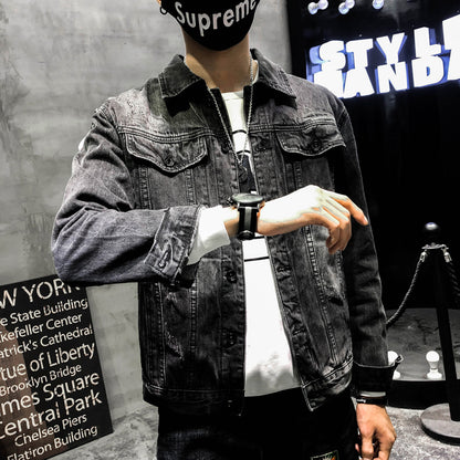 Boy Jeans Jacket Wolf Dog Embroidery Handsome Guy Slim Men's Jacket