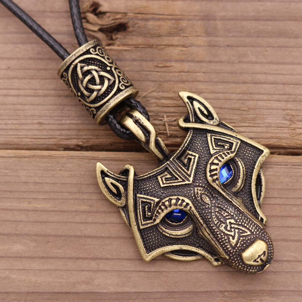 Viking Wolf Head Blue Eye Necklace With Celtic Knot Rune