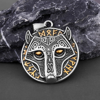 Viking Golden Wolf Head Aoding Rune Titanium Steel Pendant For Men
