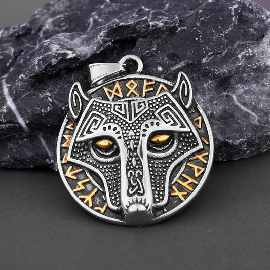 Viking Golden Wolf Head Aoding Rune Titanium Steel Pendant For Men
