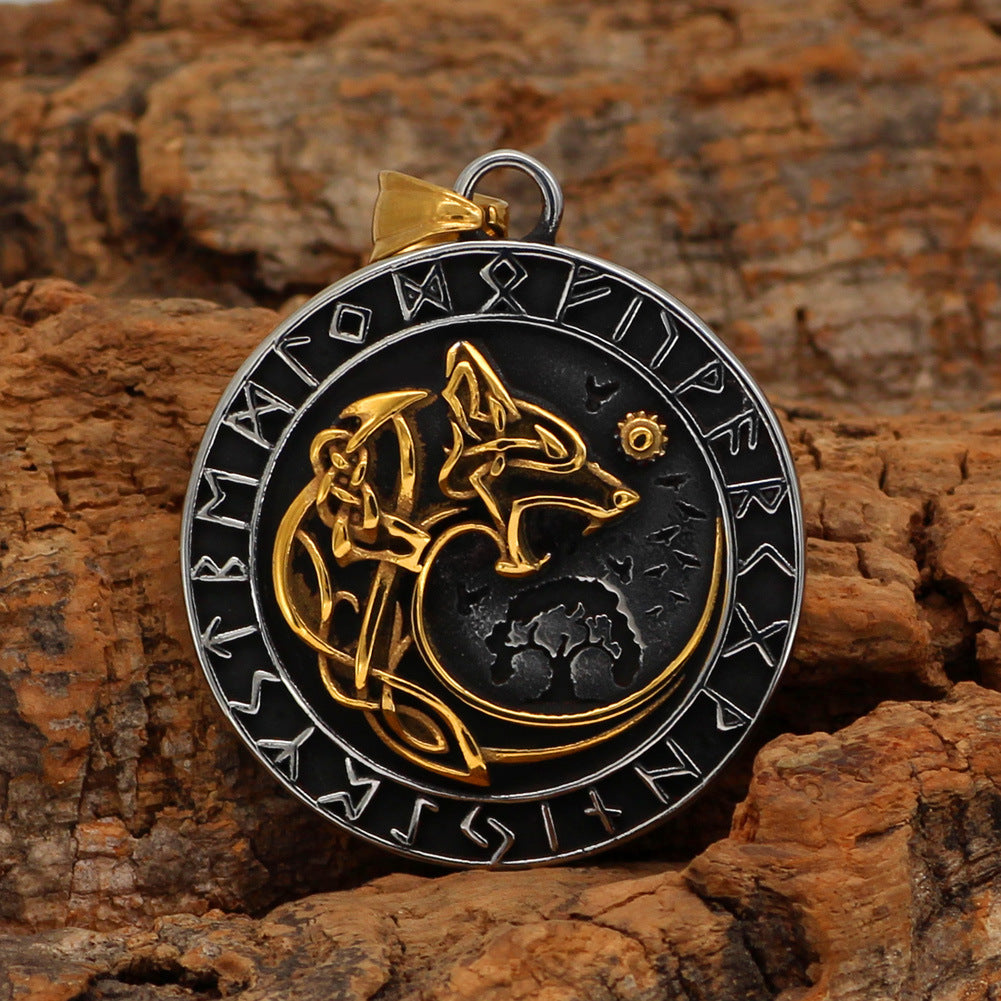 Mens Fashion Viking Wolf Head Rune Pendant Necklace