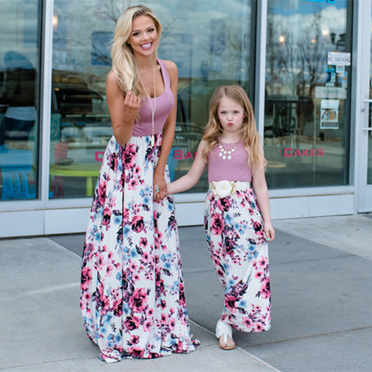 mother and daughter stitching dress long skirt