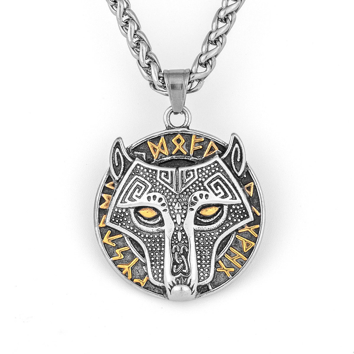 Viking Golden Wolf Head Aoding Rune Titanium Steel Pendant For Men