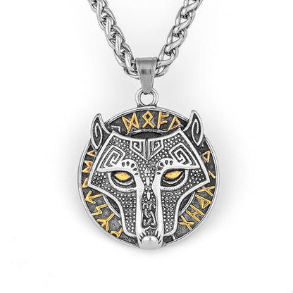 Viking Golden Wolf Head Aoding Rune Titanium Steel Pendant For Men