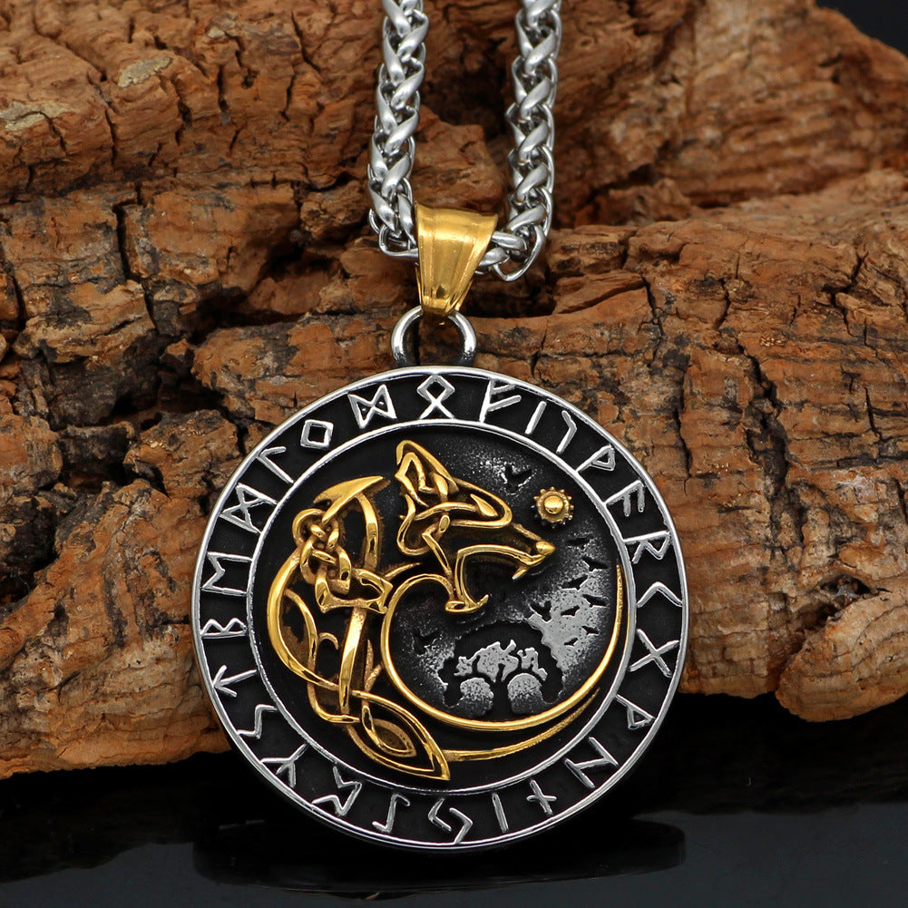Mens Fashion Viking Wolf Head Rune Pendant Necklace