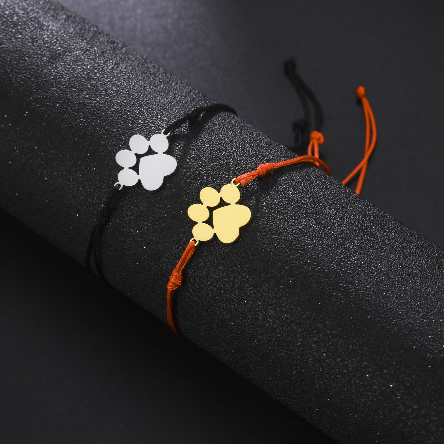 Cute And Graceful Sister Style Titanium Steel Cut Double Hole Solid Paw Print Pendant Adjustable Wax Rope Bracelet