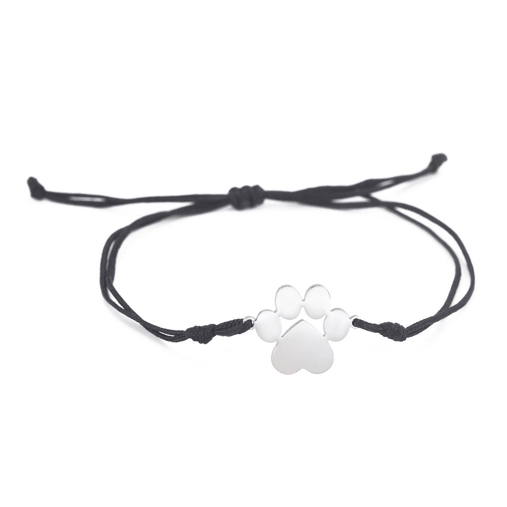 Cute And Graceful Sister Style Titanium Steel Cut Double Hole Solid Paw Print Pendant Adjustable Wax Rope Bracelet