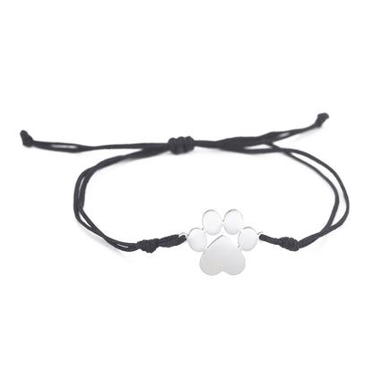 Cute And Graceful Sister Style Titanium Steel Cut Double Hole Solid Paw Print Pendant Adjustable Wax Rope Bracelet