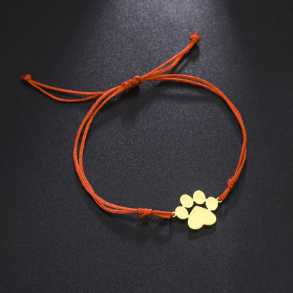 Cute And Graceful Sister Style Titanium Steel Cut Double Hole Solid Paw Print Pendant Adjustable Wax Rope Bracelet